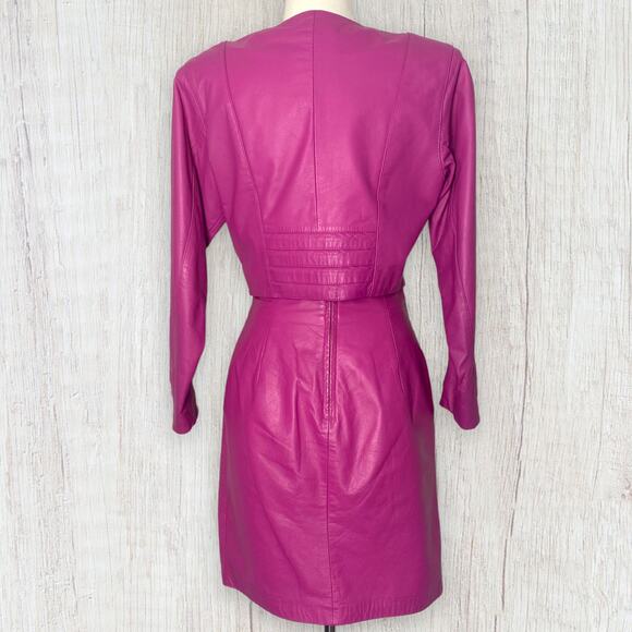 Vintage 80s Yucatan Bay Pink 2 Piece Leather Mini Skirt Jacket Matching Suit Set - Picture 7 of 14